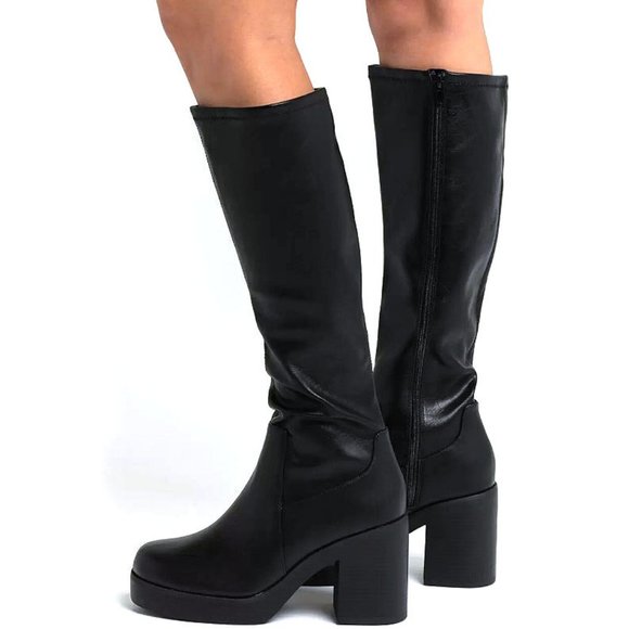 New Black Knee High Platform Round Toe Chunky Heel Boots - Picture 1 of 4